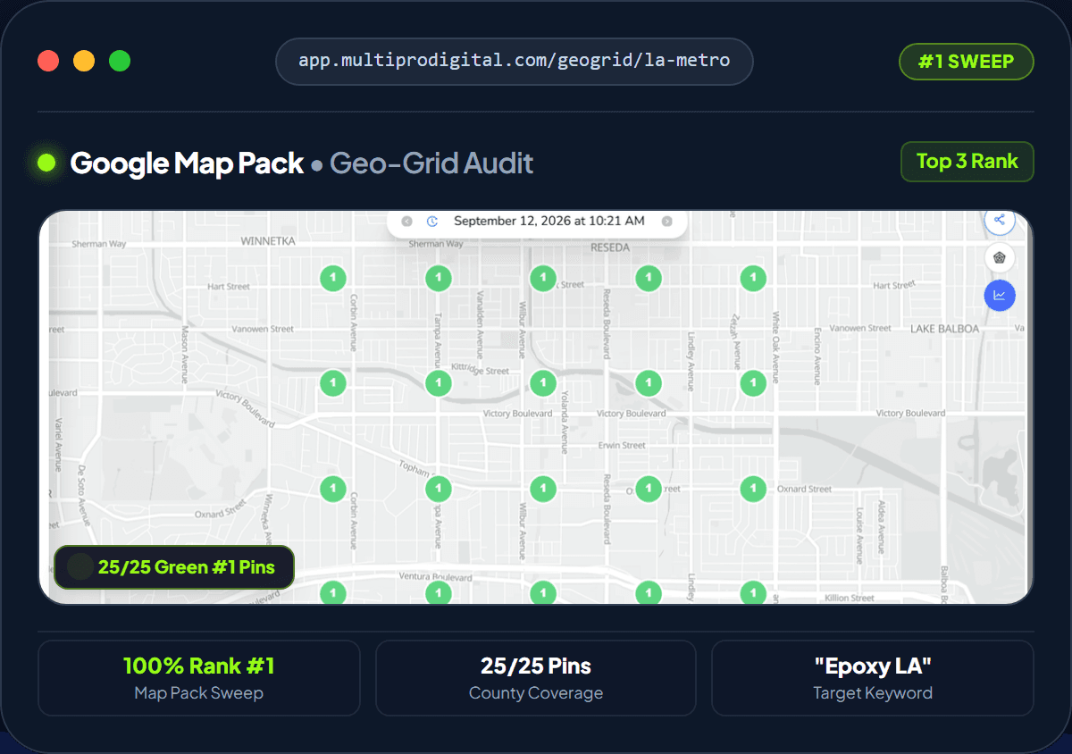 Local Falcon Google Map Pack Geo-Grid showing #1 clean sweep rankings across metro